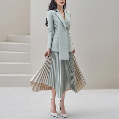 高級感西服職業套裝女通勤百褶裙兩件套早春穿搭套裝2023