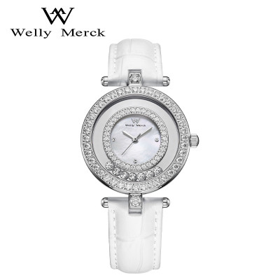 WellyMerck - 白色皮革鑲鑽圓形女士腕錶